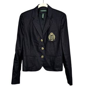 Lauren Ralph Lauren Blazer Womens 6 Navy Linen Crest Gold Buttons Preppy Jacket